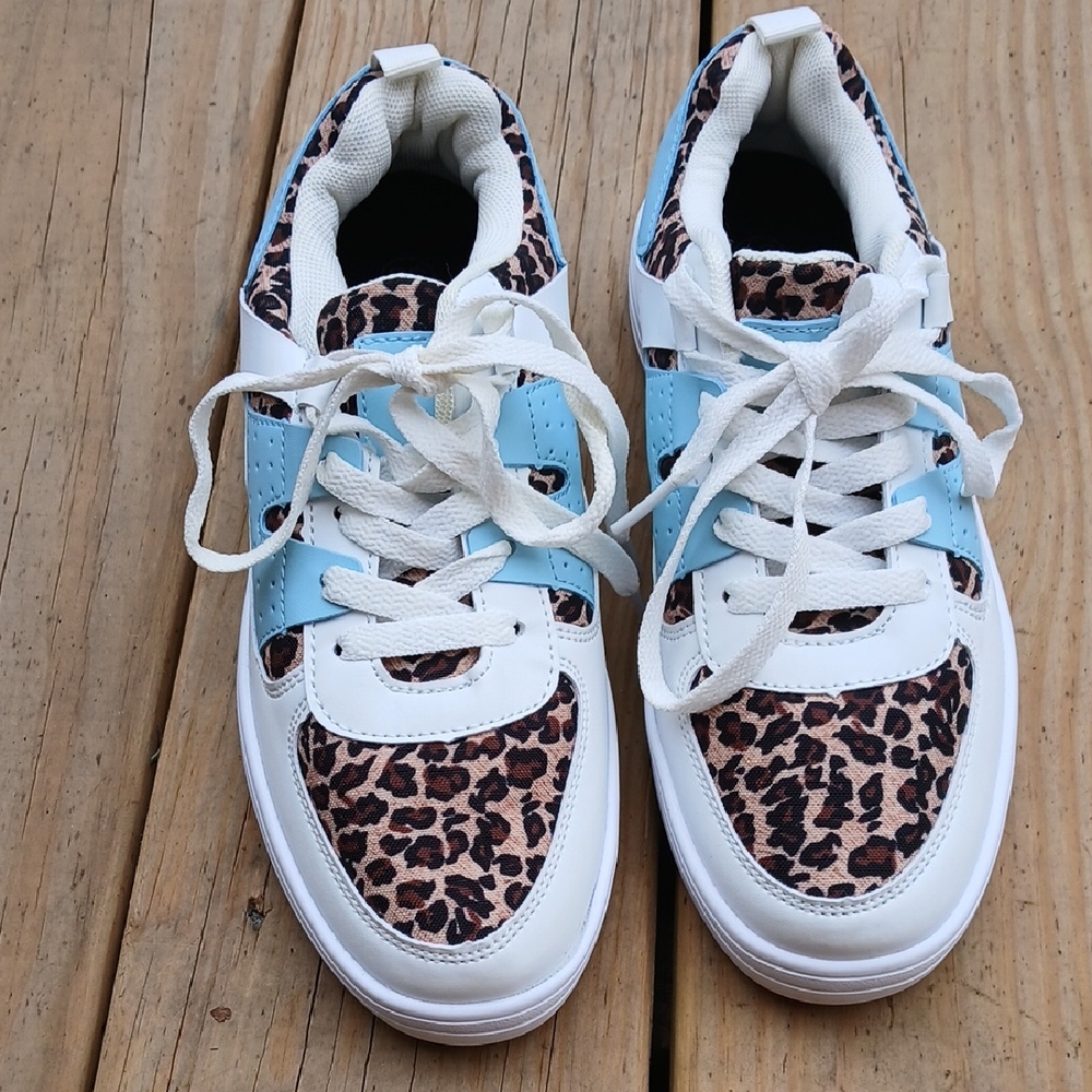 Leopard Print Womans Sneakers with Blue Accents